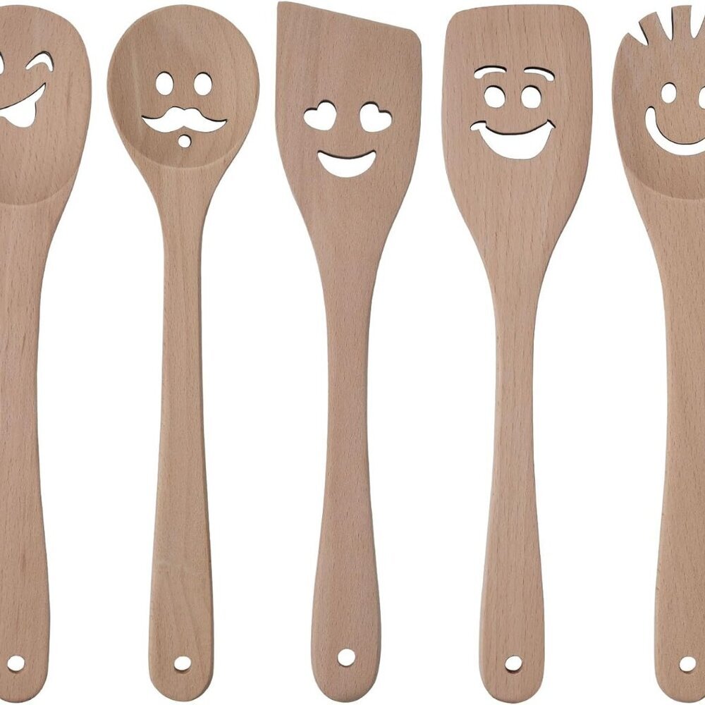 5PCS Wooden Spoons for Cooking, Funny Wooden Utensil Set Wood Spatulas with Smil